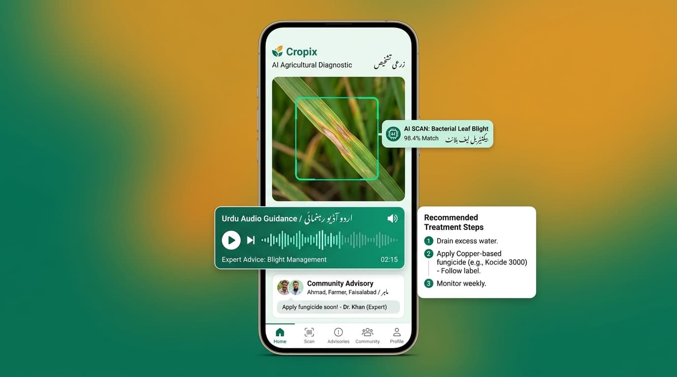 Cropix mobile application showcase displaying AI rice leaf scan detection for Bacterial Leaf Blight, Urdu audio player, and community advisory