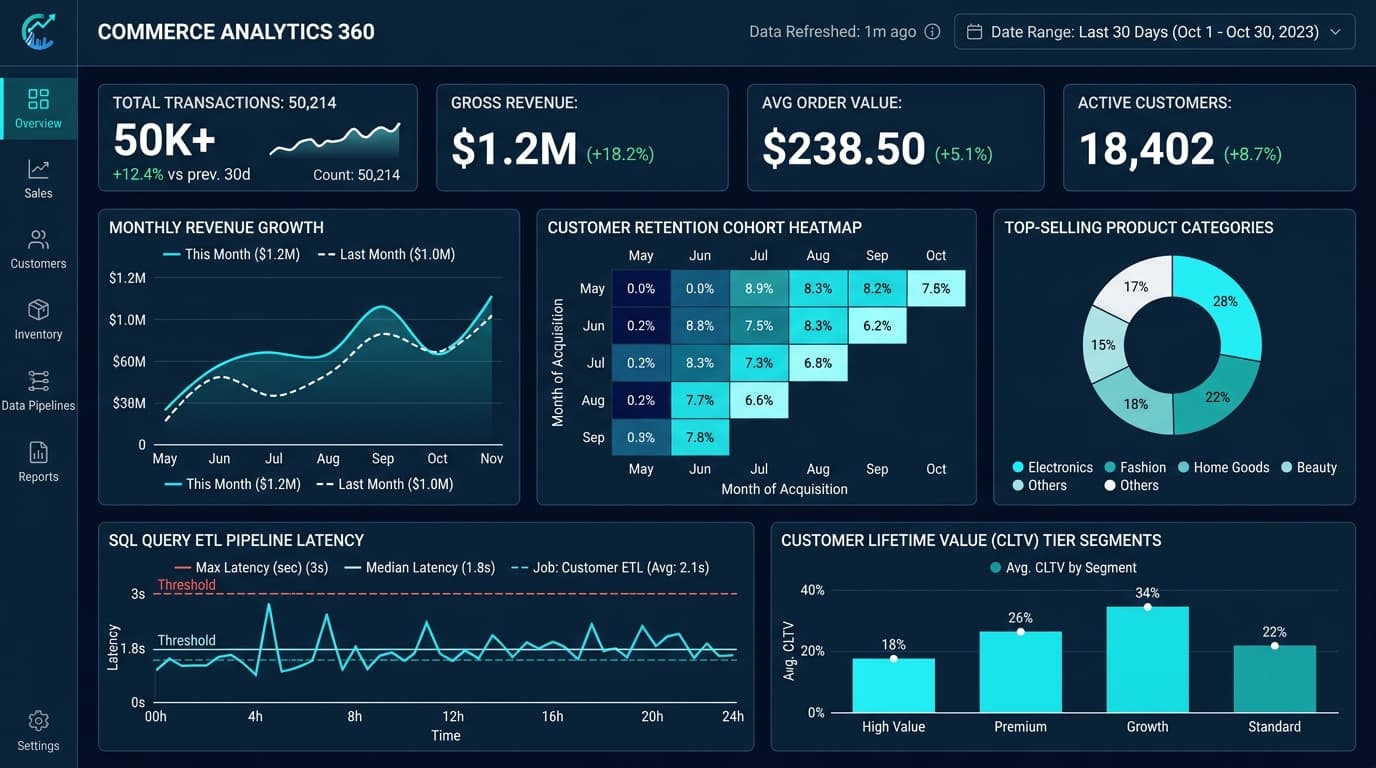 Commerce Analytics 360 dashboard showing total transactions 50K+, revenue growth curves, cohort retention heatmap, and SQL ETL latency
