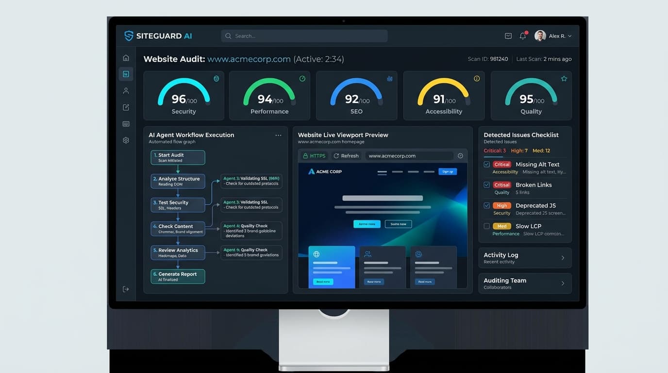 AI Screening Agent dashboard displaying target website audit results, gauge meters, automated flow graph, and detected issues checklist