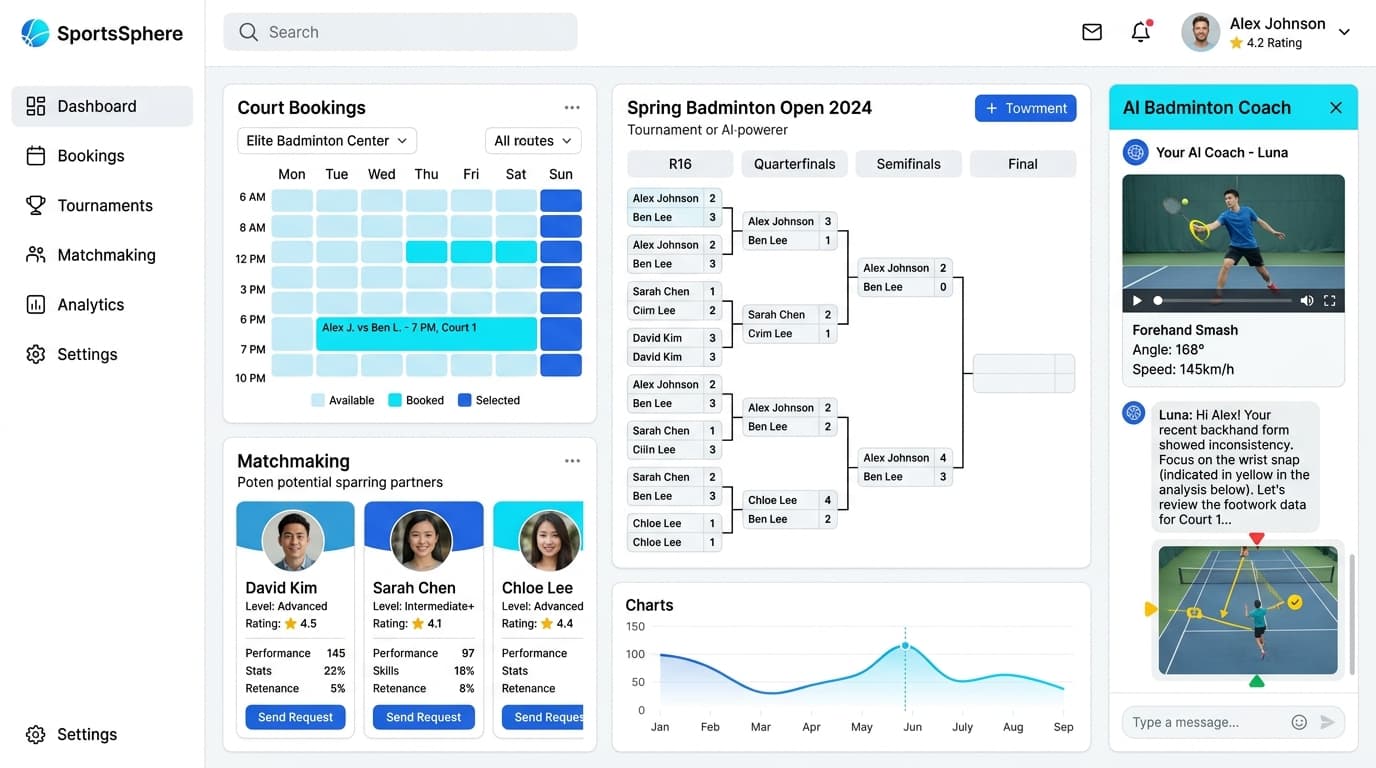 SportsSphere badminton assistant dashboard featuring court bookings, tournament bracket, matchmaking cards, and AI coach chat dialog